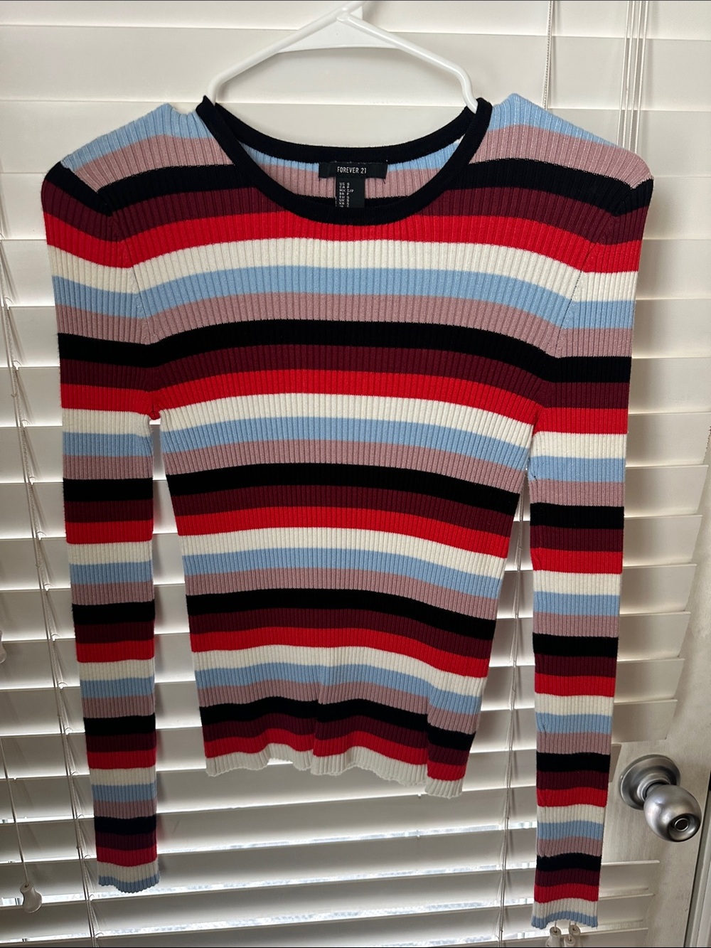 Forever 21 Striped Ribbed Crewneck Sweater - Red, Black & Blue